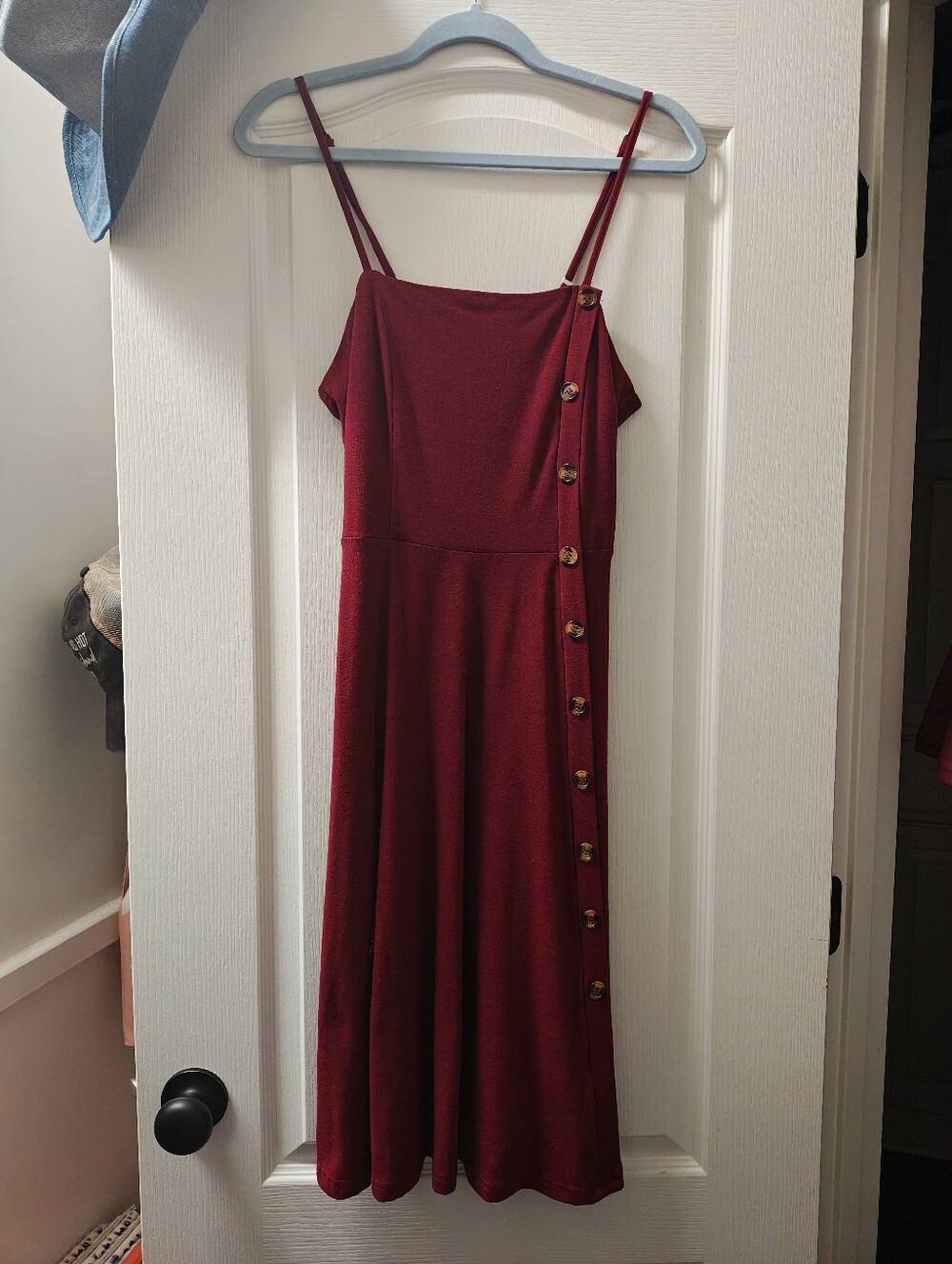 Slim-Strap Burgundy Midi Dress with Side Button Detail